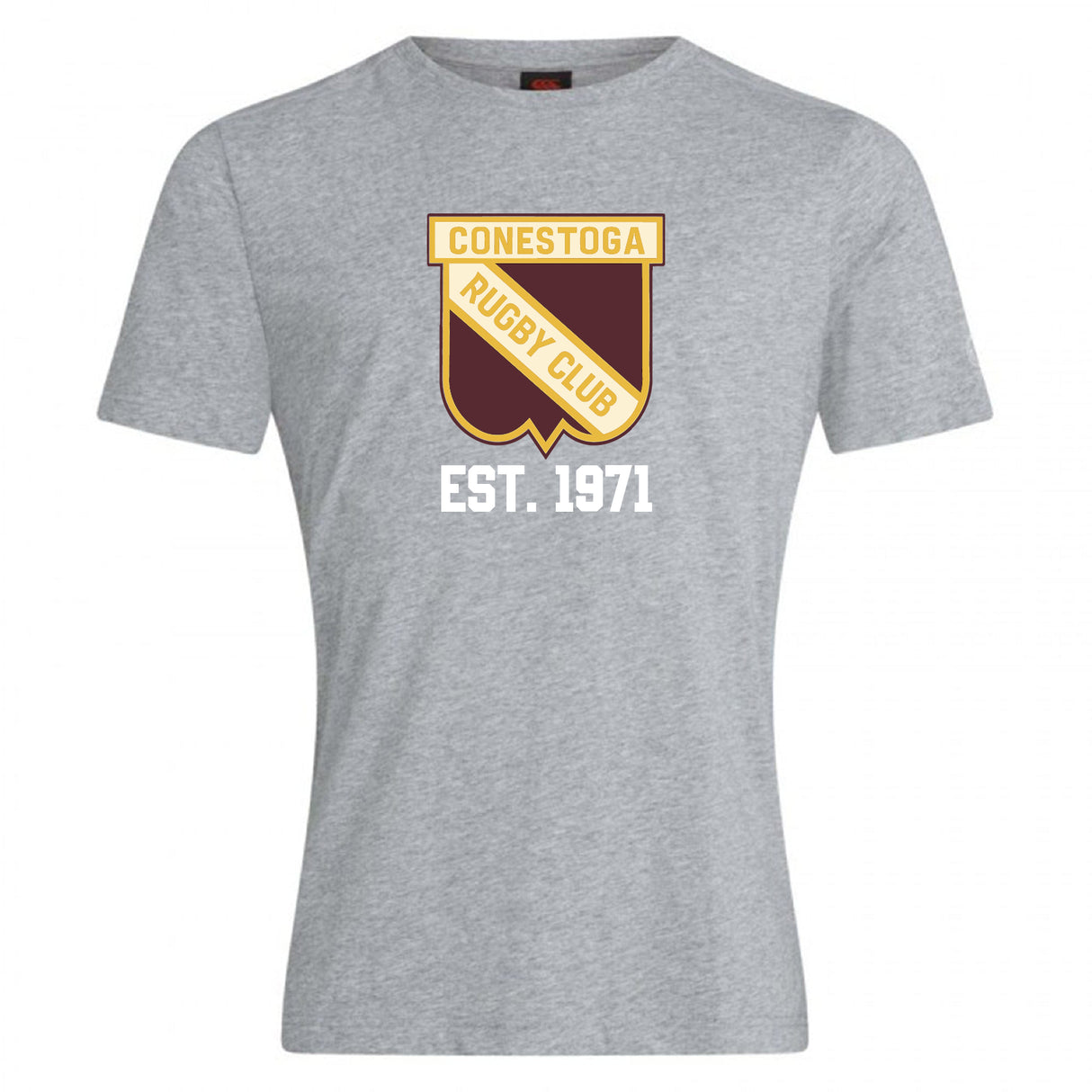 The Conestoga Rugby Club Plain Tee by WRS Canterbury is a grey shirt with a yellow and brown shield logo, "Conestoga Rugby Club," "EST. 1971" in white, and made from a soft cotton blend for comfort and style.