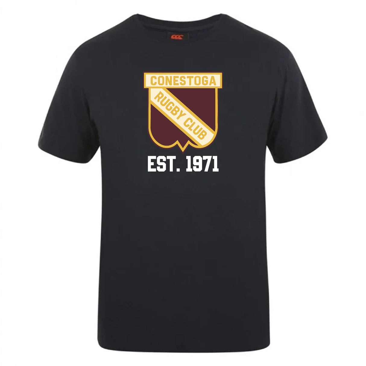 The Conestoga Rugby Club Plain Tee by WRS Canterbury is a black cotton blend shirt with the club crest and "EST. 1971" in white—ideal for fans seeking a customizable supporter tee.