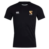 The Conestoga Rugby Club Dry Tee by EMB Canterbury features a black short-sleeve design, Canterbury logo on the right chest, gold "EST. 1871" crest on the left, and Vapodri Technology to keep you cool and comfortable during training.