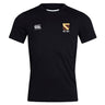 The Conestoga Rugby Club Dry Tee by EMB Canterbury features a black short-sleeve design, Canterbury logo on the right chest, gold "EST. 1871" crest on the left, and Vapodri Technology to keep you cool and comfortable during training.