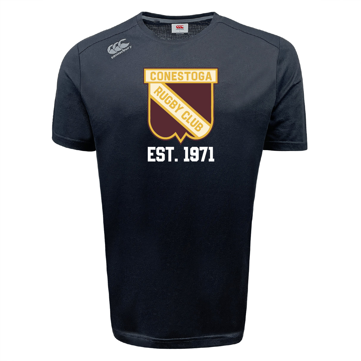 The Conestoga Rugby Tempo Vapodri T-Shirt by WRS Canterbury features "Conestoga Rugby Club Est. 1971" and shield logo on the front, offering athletic performance and superior moisture-wicking comfort for active lifestyles.