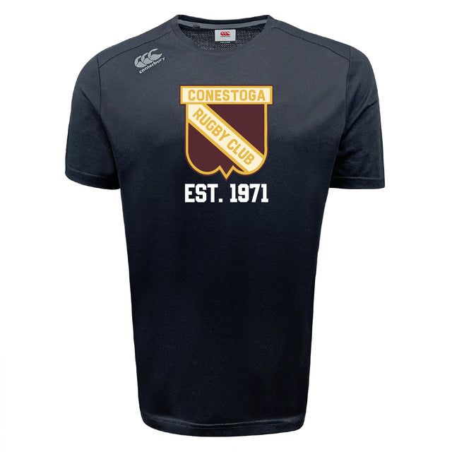 The Conestoga Rugby Tempo Vapodri T-Shirt by WRS Canterbury features "Conestoga Rugby Club Est. 1971" and shield logo on the front, offering athletic performance and superior moisture-wicking comfort for active lifestyles.