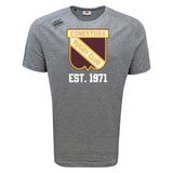 The Conestoga Rugby Tempo Vapodri T-Shirt by WRS Canterbury is a grey athletic shirt with a shield logo and "Conestoga Rugby Club Est. 1971" in yellow, maroon, and white text on the chest.