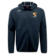 The Conestoga Rugby Tempo Vapodri Full-Zip Hoodie by EMB Canterbury is a black hoodie with a hood, drawstrings, moisture-wicking fabric, Canterbury logo on the right chest, and a shield crest with "EST. 1871" on the left.