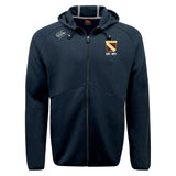 The Conestoga Rugby Tempo Vapodri Full-Zip Hoodie by EMB Canterbury is a black hoodie with a hood, drawstrings, moisture-wicking fabric, Canterbury logo on the right chest, and a shield crest with "EST. 1871" on the left.