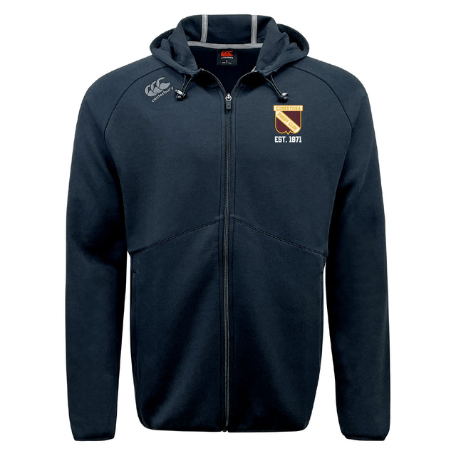 The Conestoga Rugby Tempo Vapodri Full-Zip Hoodie by EMB Canterbury is a black hoodie with a hood, drawstrings, moisture-wicking fabric, Canterbury logo on the right chest, and a shield crest with "EST. 1871" on the left.