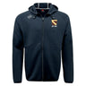 The Conestoga Rugby Tempo Vapodri Full-Zip Hoodie by EMB Canterbury is a black hoodie with a hood, drawstrings, moisture-wicking fabric, Canterbury logo on the right chest, and a shield crest with "EST. 1871" on the left.