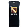 The Conestoga Rugby Tempo Vapodri Singlet by WRS Canterbury is a black sleeveless top featuring the club logo and "EST. 1971" on the front, made from recycled polyester for comfort and sustainability.