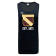 The Conestoga Rugby Club Dry Singlet by EMB Canterbury is a black sleeveless athletic shirt with the club crest and "EST. 1971" on the front, offering performance comfort for your workouts.