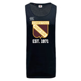 The Conestoga Rugby Club Dry Singlet by EMB Canterbury is a black sleeveless athletic shirt with the club crest and "EST. 1971" on the front, offering performance comfort for your workouts.
