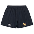 The Conestoga Rugby Yokohama Short by EMB Canterbury is navy blue, crafted from lightweight durable fabric, with a Canterbury logo on the left leg and an "EST. 1871" sports club crest on the right.