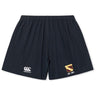 The Conestoga Rugby Yokohama Short by EMB Canterbury is navy blue, crafted from lightweight durable fabric, with a Canterbury logo on the left leg and an "EST. 1871" sports club crest on the right.