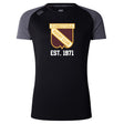 The Conestoga Rugby Women’s Elite Training Tee by WRS Canterbury is a black and gray short-sleeve shirt with the club logo and “Est. 1971” on the front, crafted from lightweight, breathable fabric for comfort.