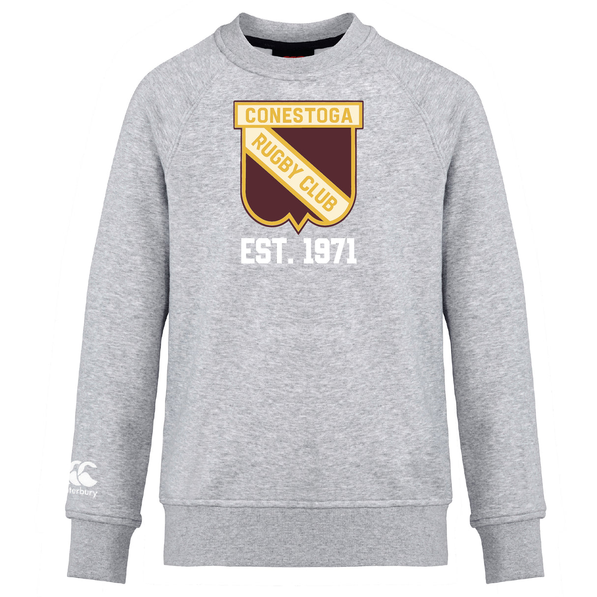 The Conestoga Rugby Club Crew Sweatshirt by WRS Canterbury is a grey, ultra-soft crew featuring a "Conestoga Rugby Club" crest, "EST. 1971" on the front, and an embroidered CCC logo on the left sleeve.