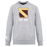 The Conestoga Rugby Club Crew Sweatshirt by WRS Canterbury is a grey, ultra-soft crew featuring a "Conestoga Rugby Club" crest, "EST. 1971" on the front, and an embroidered CCC logo on the left sleeve.