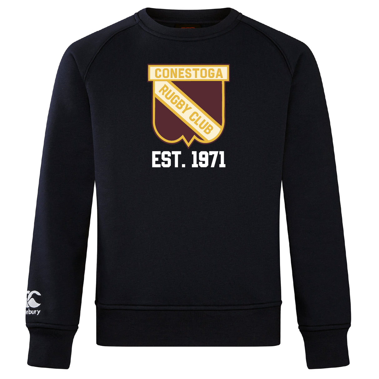 The Conestoga Rugby Club Crew Sweatshirt by WRS Canterbury features the club crest and "EST. 1971" on the front, plus an embroidered CCC logo on the ultra-soft left sleeve.