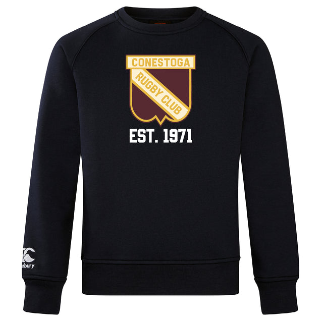 The Conestoga Rugby Club Crew Sweatshirt by WRS Canterbury features the club crest and "EST. 1971" on the front, plus an embroidered CCC logo on the ultra-soft left sleeve.