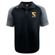 The Conestoga Rugby Elite Polo by EMB Canterbury features a black and gray design, buttoned collar, "EST. 1971" crest on the left chest, and is made from Vapodri fabric for lightweight comfort and durability.