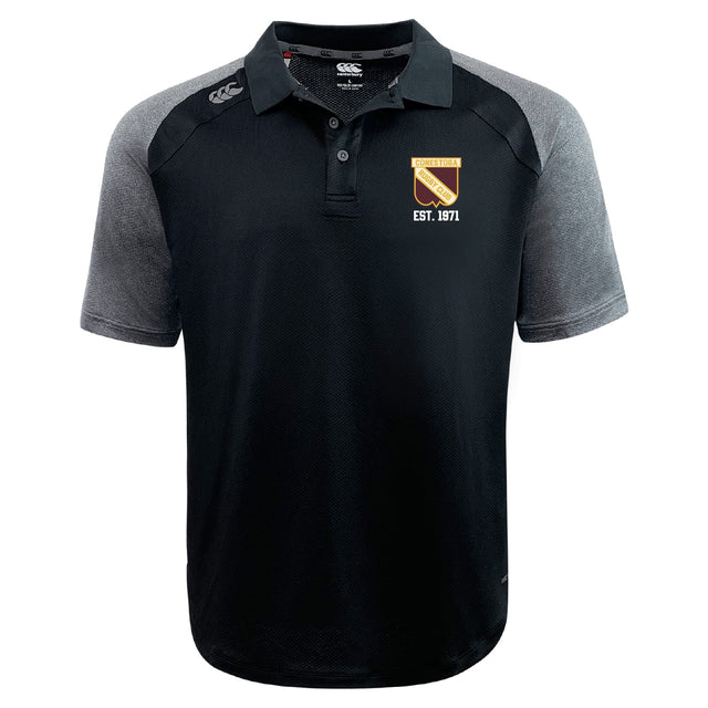 The Conestoga Rugby Elite Polo by EMB Canterbury features a black and gray design, buttoned collar, "EST. 1971" crest on the left chest, and is made from Vapodri fabric for lightweight comfort and durability.