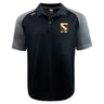 The Conestoga Rugby Elite Polo by EMB Canterbury features a black and gray design, buttoned collar, "EST. 1971" crest on the left chest, and is made from Vapodri fabric for lightweight comfort and durability.