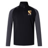Black and dark gray Conestoga Rugby Elite First Layer quarter-zip by EMB Canterbury, featuring a gold and brown embroidered crest with "EST. 1971" on the left chest, plus VapoDri technology for superior comfort.