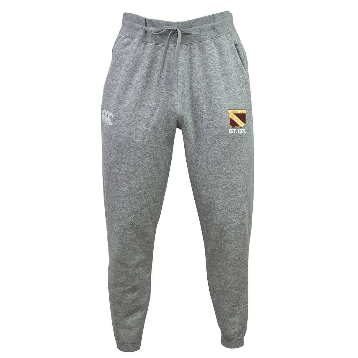 The Conestoga Rugby Leisure Sweatpant by EMB Canterbury features sustainable gray fleece, a drawstring waist, dual logos on the upper thighs, and elastic ankle cuffs, displayed against a plain white background.