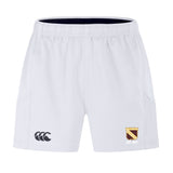 The Conestoga Rugby Advantage Short 2.0 by EMB Canterbury features an elastic waistband, Canterbury logo on the left leg, and a club crest with "EST. 1971" on the right, designed for sustainable athletic performance.