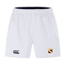 The Conestoga Rugby Advantage Short 2.0 by EMB Canterbury features an elastic waistband, Canterbury logo on the left leg, and a club crest with "EST. 1971" on the right, designed for sustainable athletic performance.