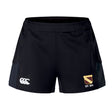 The EMB Canterbury Conestoga Rugby Women's Advantage Short 2.0 features the logo on the left leg and a gold/red shield with "EST. 1971" on the right, crafted sustainably for comfort and performance in athletic use.