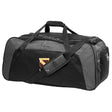 The Conestoga Rugby Holdall Duffle Bag by EMB Canterbury is a black and gray water-repellent duffel with a shoulder strap, side zipper pocket, and Conestoga College emblem on the front.
