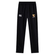 The Conestoga Rugby Stretch Tapered Pant by EMB Canterbury features an elastic waistband, white Canterbury logo on the left, and a yellow "EST. 1872" crest on the right—ideal men's workout pants for style and comfort.