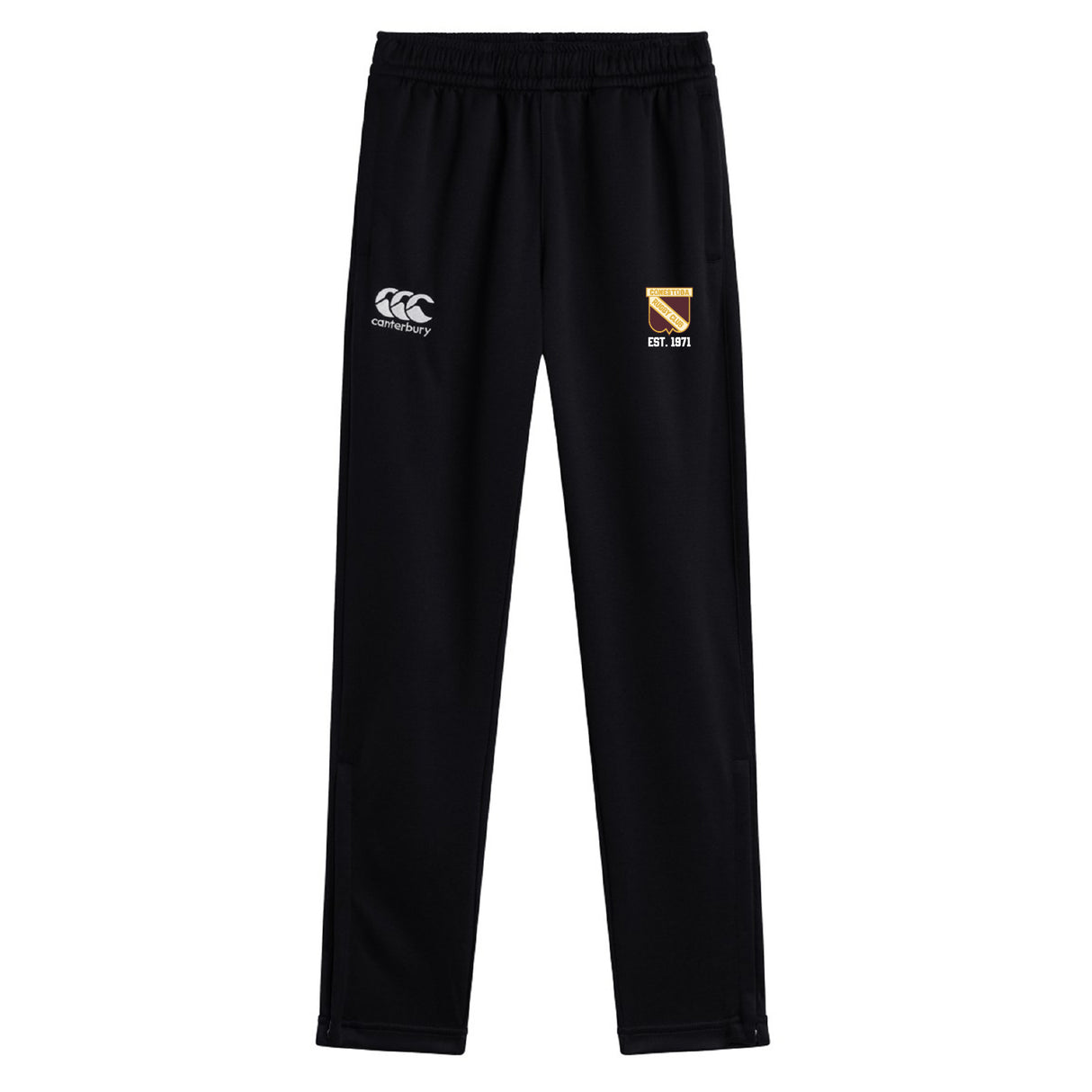 The Conestoga Rugby Stretch Tapered Pant by EMB Canterbury features an elastic waistband, white Canterbury logo on the left, and a yellow "EST. 1872" crest on the right—ideal men's workout pants for style and comfort.