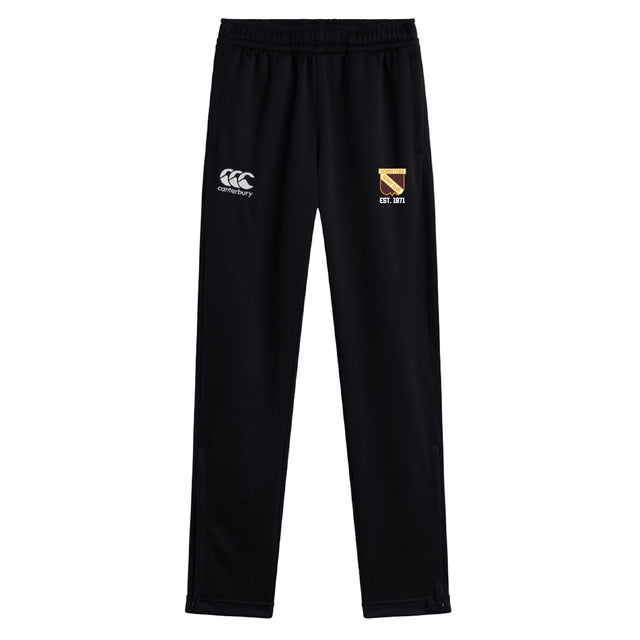 The Conestoga Rugby Stretch Tapered Pant by EMB Canterbury features an elastic waistband, white Canterbury logo on the left, and a yellow "EST. 1872" crest on the right—ideal men's workout pants for style and comfort.
