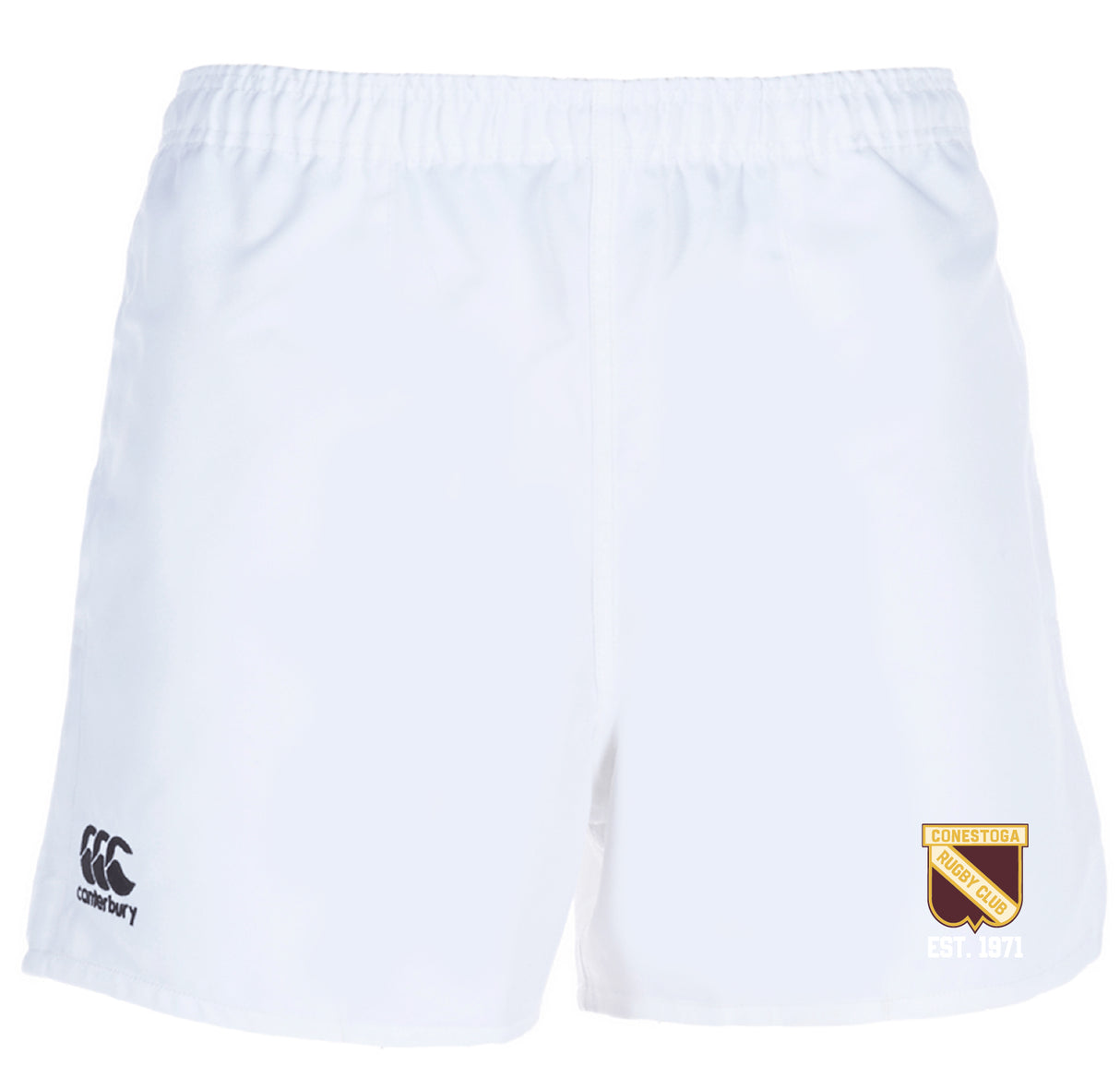 The Conestoga Rugby Professional Polyester Rugby Short by EMB Canterbury features an elastic waistband, a black Canterbury logo on the left leg, and a Conestoga Rugby Club crest on the right leg.