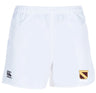 The Conestoga Rugby Professional Polyester Rugby Short by EMB Canterbury features an elastic waistband, a black Canterbury logo on the left leg, and a Conestoga Rugby Club crest on the right leg.