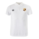 The Conestoga Rugby Waimak Polo by EMB Canterbury is a white short-sleeved rugby polo with a classic collar, shield logo on the left chest, and stylized text on the right—ideal for fans seeking a stylish men’s option.