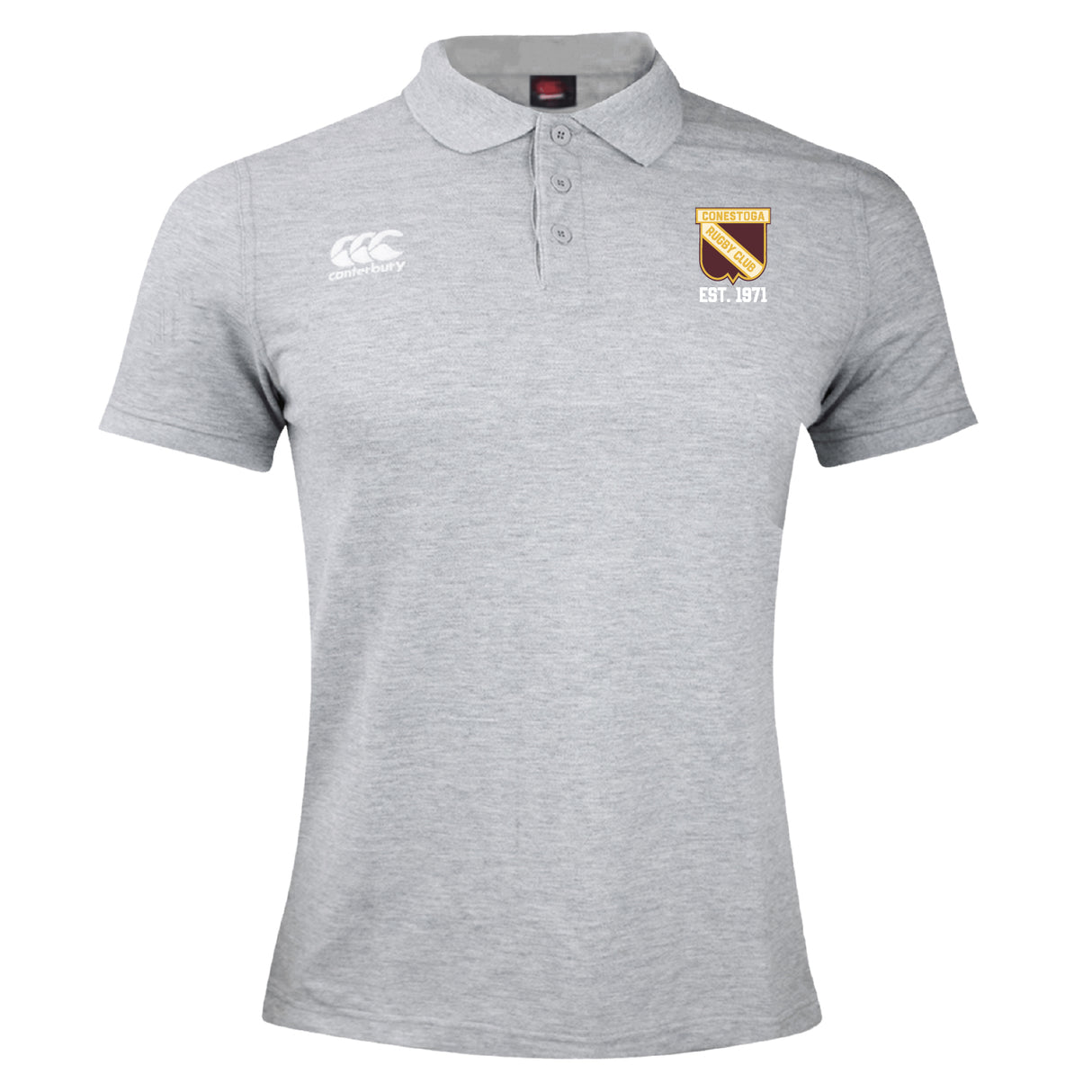 The Conestoga Rugby Waimak Polo by EMB Canterbury is a light grey men's short-sleeve rugby polo featuring a button collar, white Canterbury logo on the right chest, and a club crest with "EST. 1971" on the left chest.