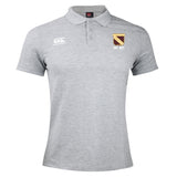 The Conestoga Rugby Waimak Polo by EMB Canterbury is a light grey men's short-sleeve rugby polo featuring a button collar, white Canterbury logo on the right chest, and a club crest with "EST. 1971" on the left chest.