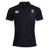 The Conestoga Rugby Waimak Polo by EMB Canterbury is a black short-sleeve men's rugby polo featuring a collar, white Canterbury logo on the right chest, and "EST. 1871" crest on the left—ideal for fans who love classic style.