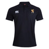 The Conestoga Rugby Waimak Polo by EMB Canterbury is a black short-sleeve men's rugby polo featuring a collar, white Canterbury logo on the right chest, and "EST. 1871" crest on the left—ideal for fans who love classic style.
