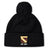 The Conestoga Rugby Pom Pom Beanie by EMB Canterbury is a black knit hat with a pom-pom, fleece lining, and features a gold and white "Conestoga Rugby Club" logo with "EST. 1971" on the front cuff.