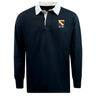 The EMB Mudoo Conestoga Rugby Classic Long Sleeve Solid Rugby Jersey is a black shirt with a white collar, buttoned neckline, and a left chest crest reading “EST. 1871.”.