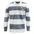 The EMB Mudoo Conestoga Rugby Classic Long Sleeve Hooped Rugby Jersey features wide gray and white stripes, a collar, and a chest patch reading "COLLEGE TEAM EST. 1971" for vintage everyday style.