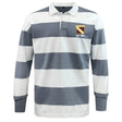 The EMB Mudoo Conestoga Rugby Classic Long Sleeve Hooped Rugby Jersey features wide gray and white stripes, a collar, and a chest patch reading "COLLEGE TEAM EST. 1971" for vintage everyday style.