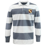 The EMB Mudoo Conestoga Rugby Classic Long Sleeve Hooped Rugby Jersey features wide gray and white stripes, a collar, and a chest patch reading "COLLEGE TEAM EST. 1971" for vintage everyday style.