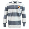 The EMB Mudoo Conestoga Rugby Classic Long Sleeve Hooped Rugby Jersey features wide gray and white stripes, a collar, and a chest patch reading "COLLEGE TEAM EST. 1971" for vintage everyday style.