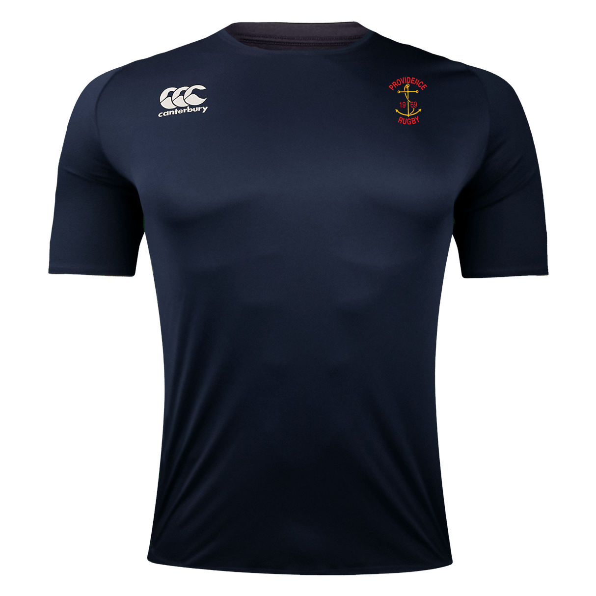 A Rhode Island Rugby Club Canterbury Core Vapodri Superlight Rugby T-Shirt with the crest on the front.