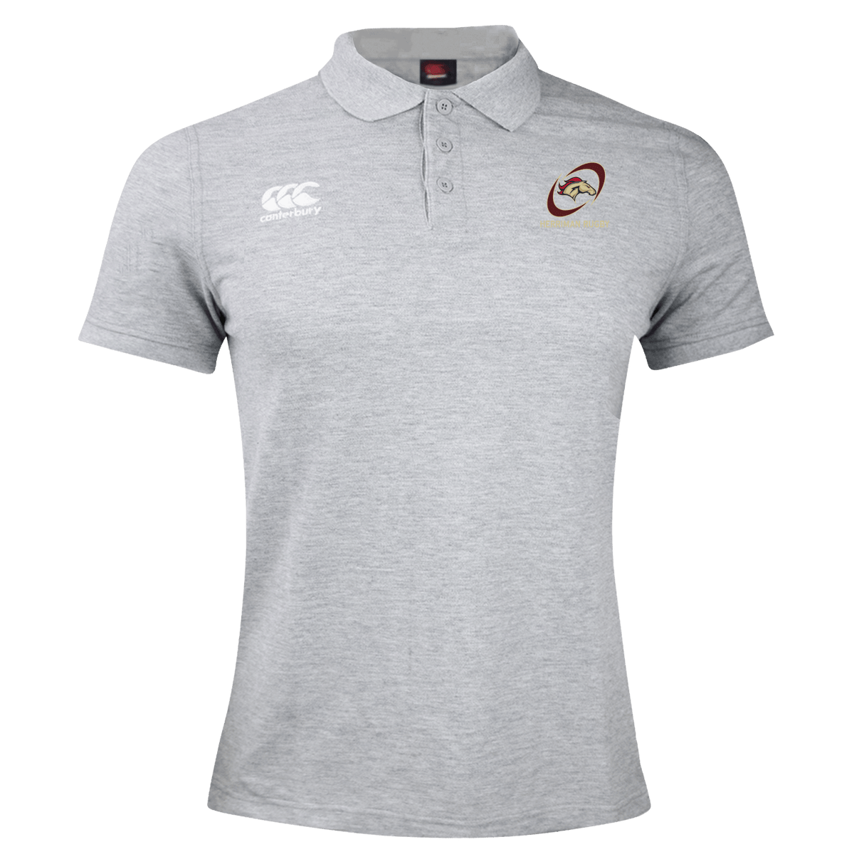 The Herriman High School Canterbury Waimak Rugby Polo, produced by WRS Canterbury, is a versatile grey polo shirt featuring an embroidered Canterbury logo on the front.