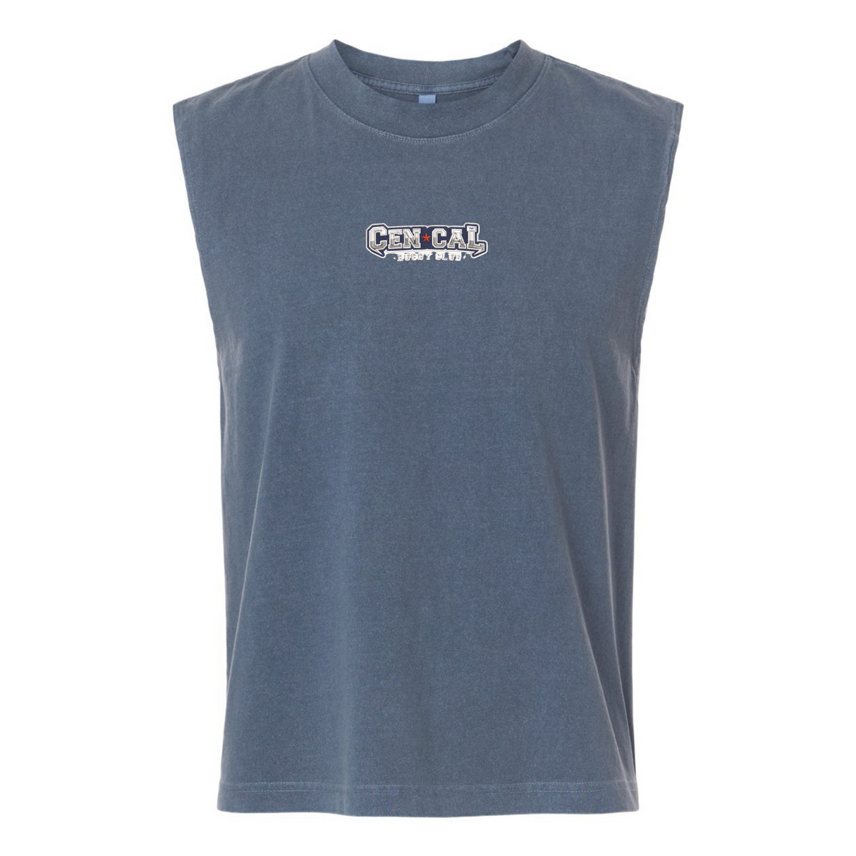 The CenCal Youth Rugby Unisex Muscle Tee by EMB S&S Activewear is a blue-gray heavyweight cotton shirt featuring "GEN CAR FIGHT CLUB" in bold white outlined text—ideal for CenCal Youth Rugby fans.