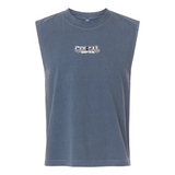 The CenCal Youth Rugby Unisex Muscle Tee by EMB S&S Activewear is a blue-gray heavyweight cotton shirt featuring "GEN CAR FIGHT CLUB" in bold white outlined text—ideal for CenCal Youth Rugby fans.